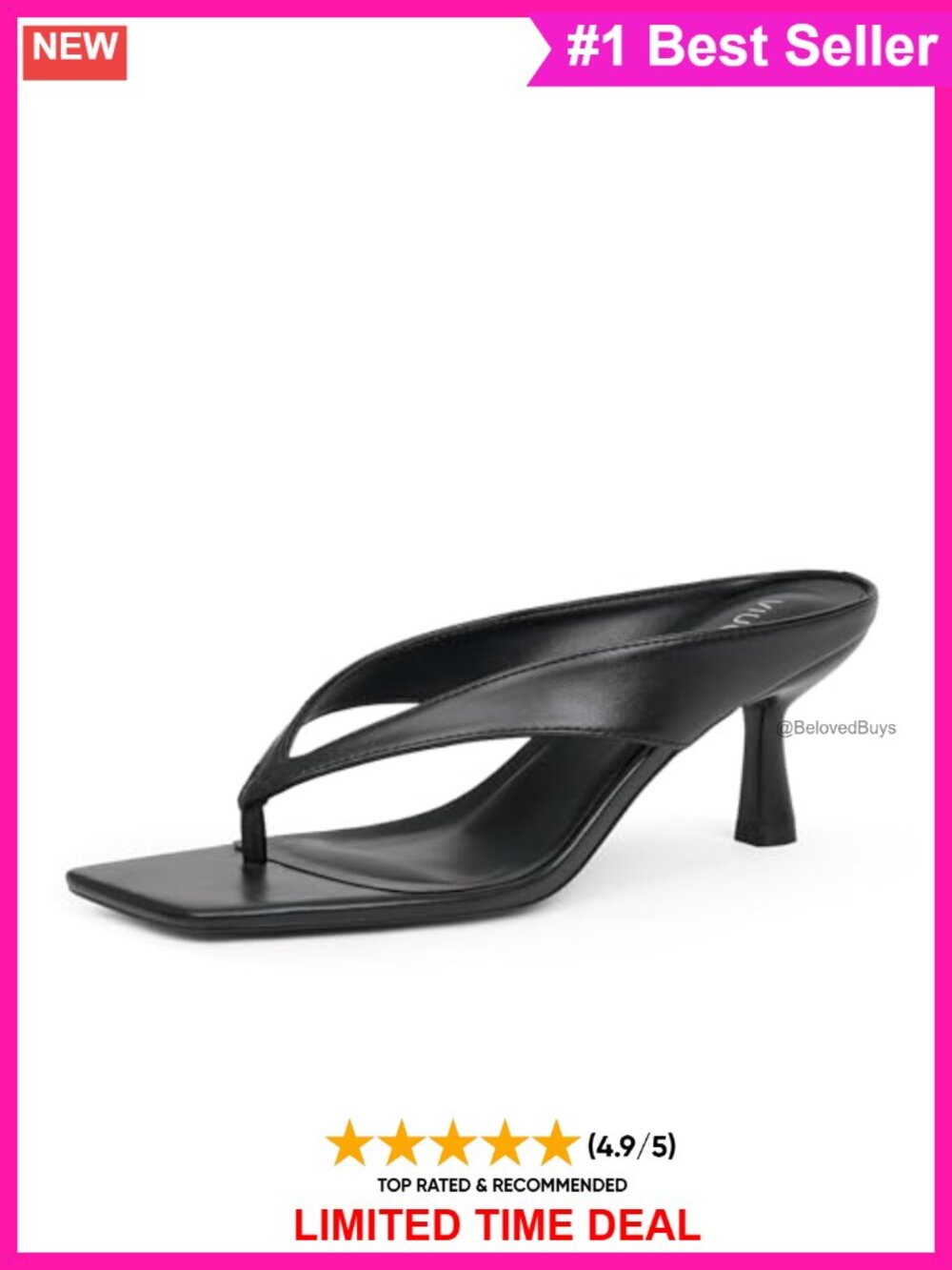 Square Toe Thong Kitten Heel Sandals Faux Leather Slip On Women's